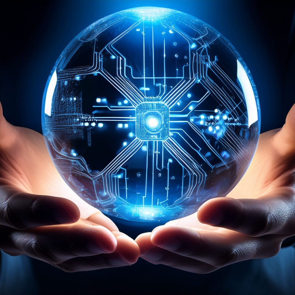 Unas manos con una bola de cristal con conexiones de micro chip de luz neon azul en concepto de innovación, avance y tecnología
