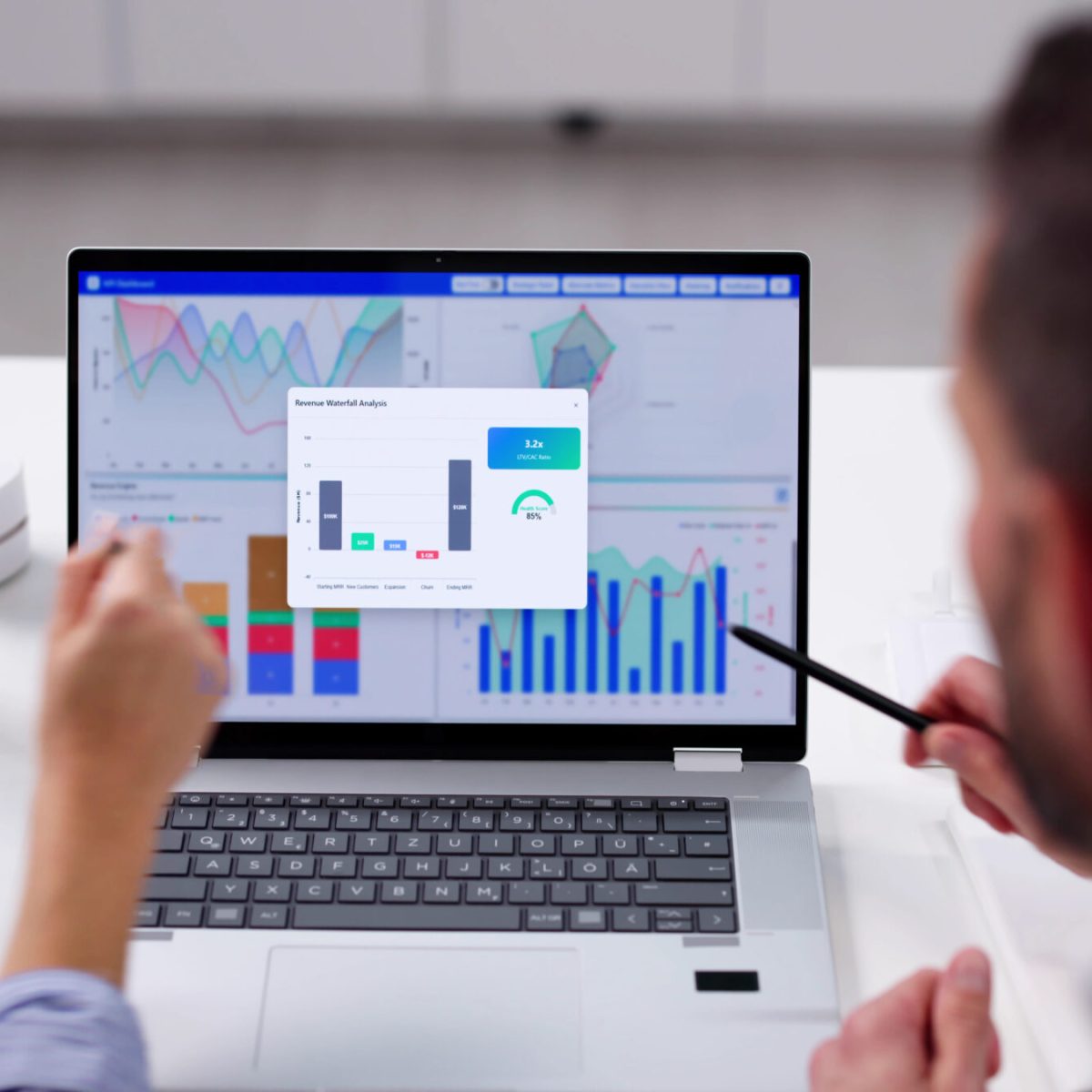 Young Data Analyst Analyzes KPI Dashboard On Computer In Office.
