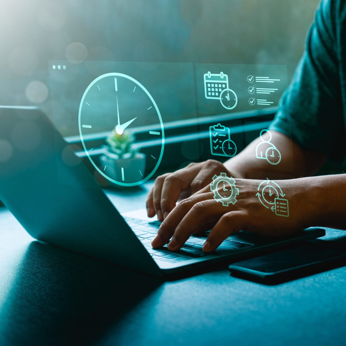 Time management and productivity concept with person typing on laptop surrounded by digital clock, calendar, checklist, workflow icons, symbolizing task scheduling, efficiency, effective organization