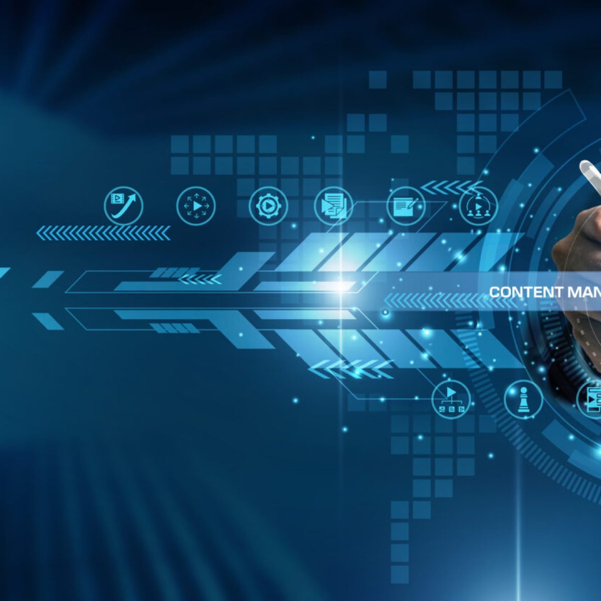 Content management concept. Industry person point content management digital system world media data website technology platform network information control software update connection service.